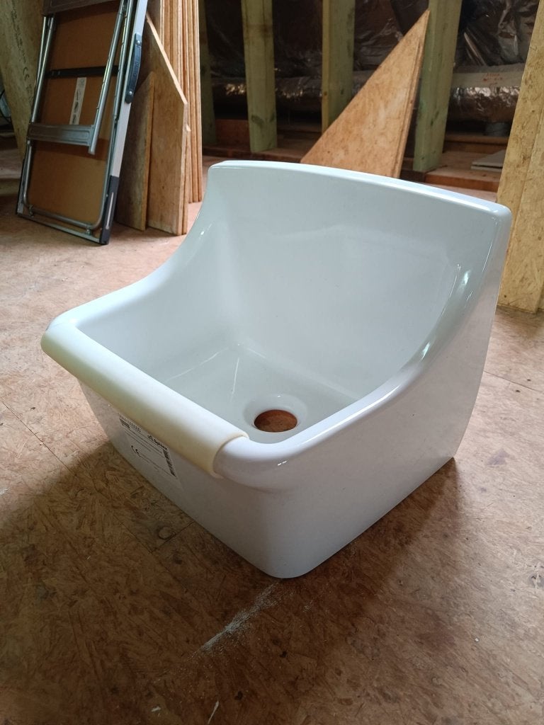 Sphinx Norma 45 uitstortgootsteen – wit keramiek – 45 cm, Ophalen, Zo goed als nieuw, Steen, Wastafel