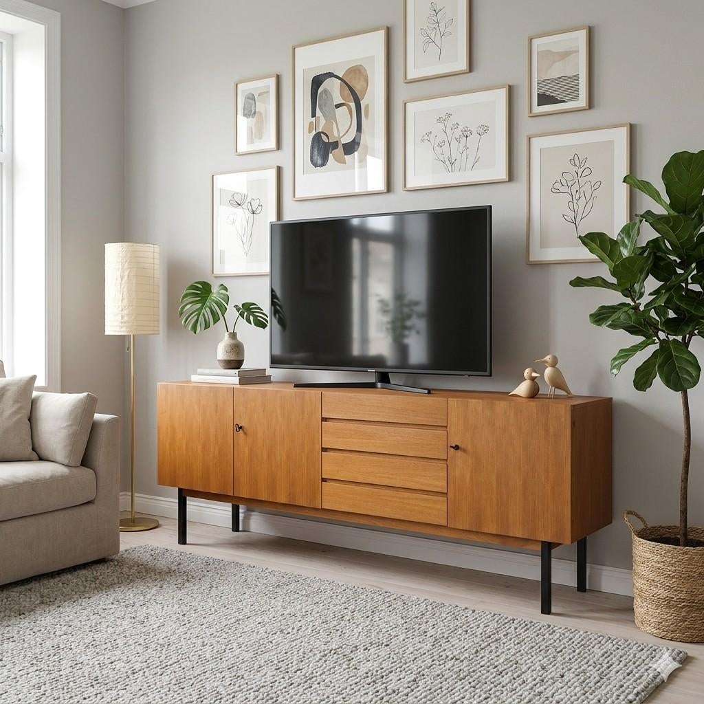 Vintage jaren 60 - 70 sideboard Duits, tv meubel notenhout, Huis en Inrichting, Kasten | Dressoirs, Gebruikt, 200 cm of meer, 25 tot 50 cm