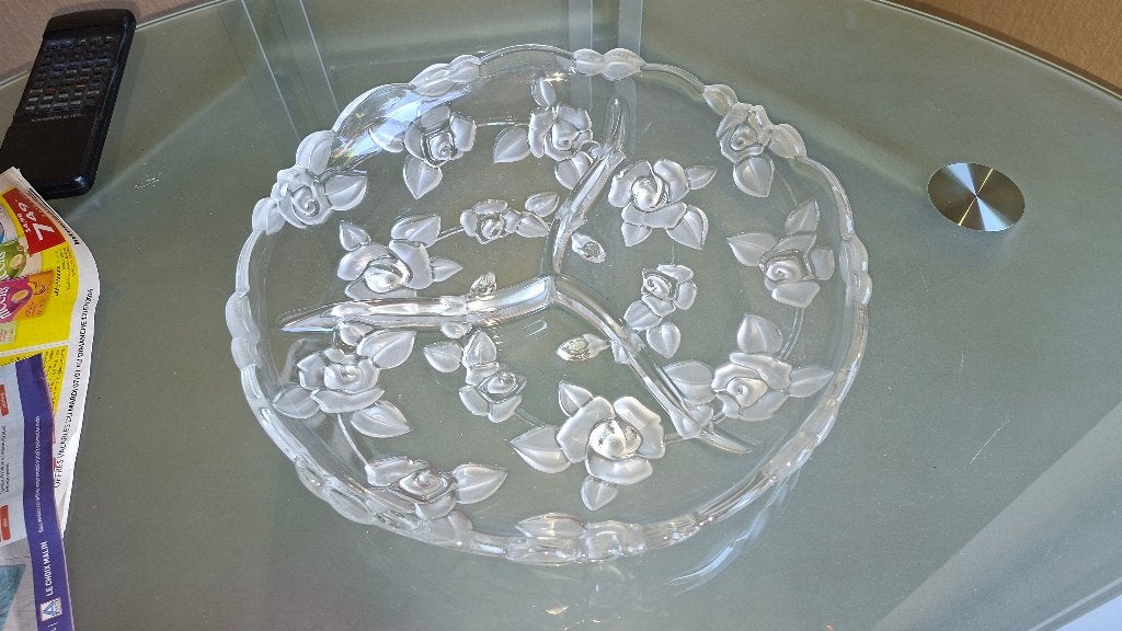 Plateau apéritif en verre, vintage, à roses, Plateau, Vintage, Comme neuf, Verre