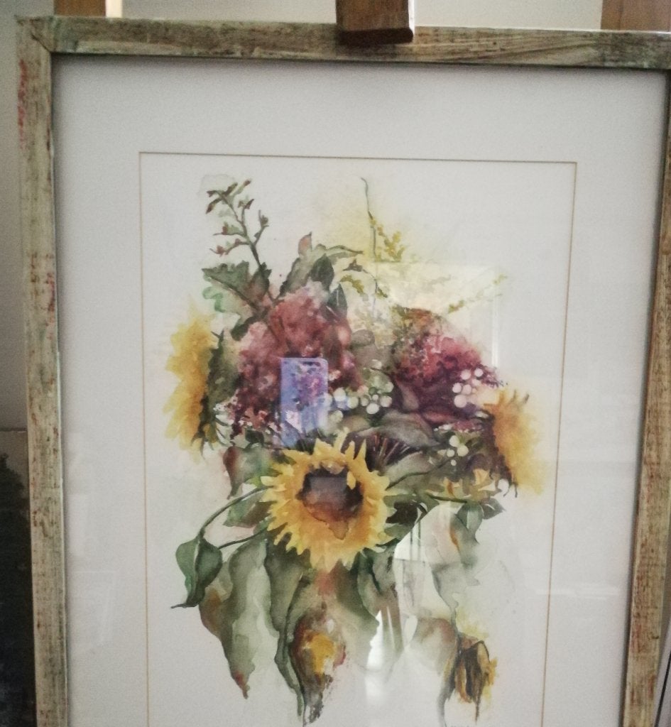 Aquarel zonnebloemen in lijst, Antiek en Kunst, Kunst | Schilderijen | Modern, Ophalen, Glas, Achter glas, Aquarel