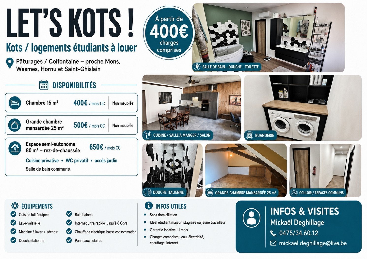 Kots / logements étudiants à louer – Pâturages / Col, Contacts & Messages, Recherche colocataires