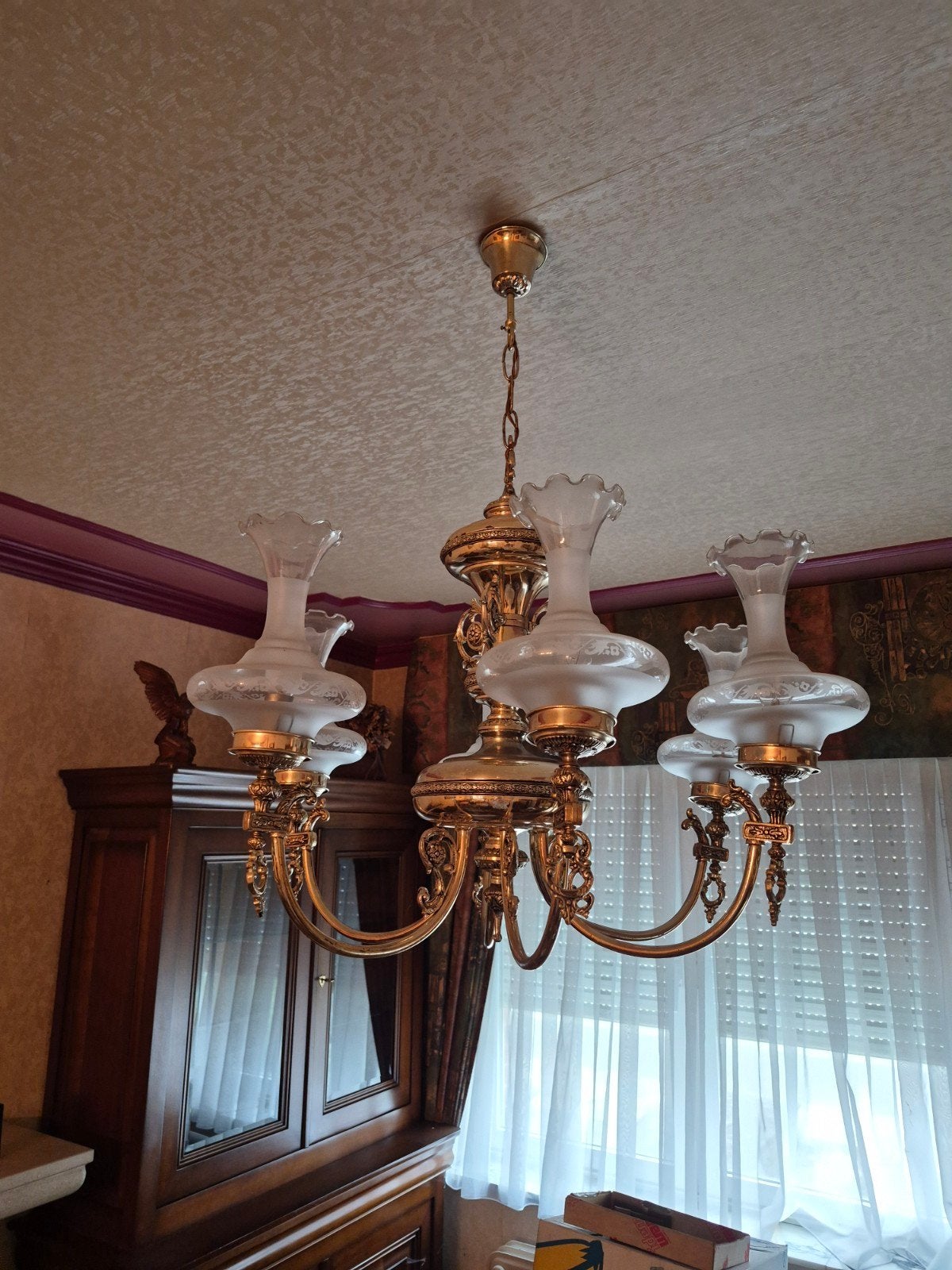 lustre en laiton, Maison & Meubles, Lampes | Lustres, Enlèvement, Comme neuf, Verre