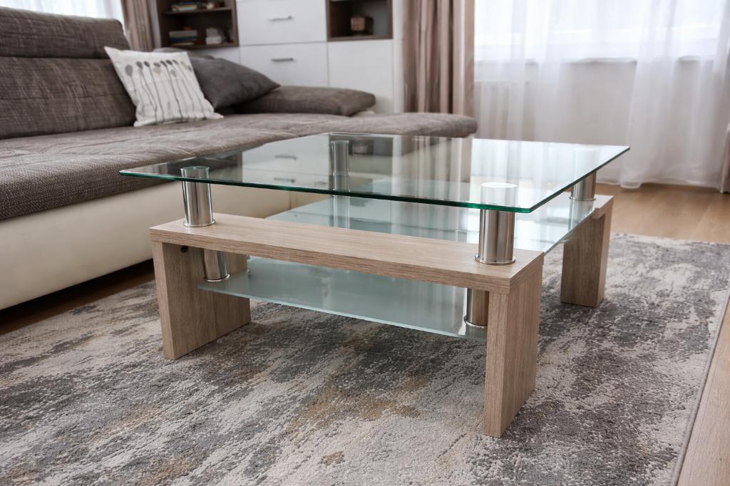 Table basse en verre et bois, Maison & Meubles, Tables | Tables de salon, 100 à 150 cm, Chêne, Moins de 50 cm, Enlèvement