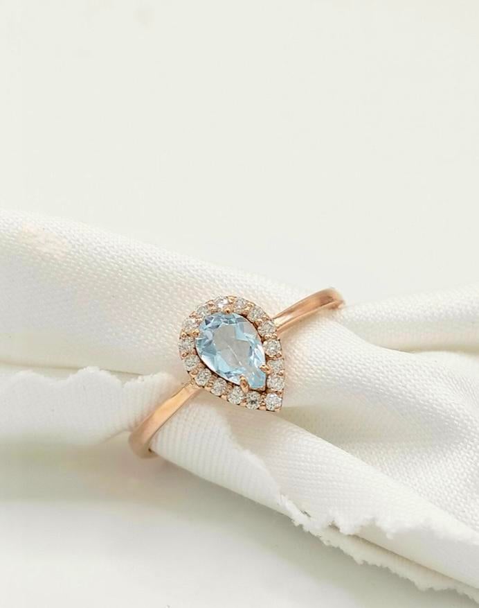 - Ring - 14 karaat Roségoud Aquamarijn - Diamant, Ophalen, Nieuw, Goud