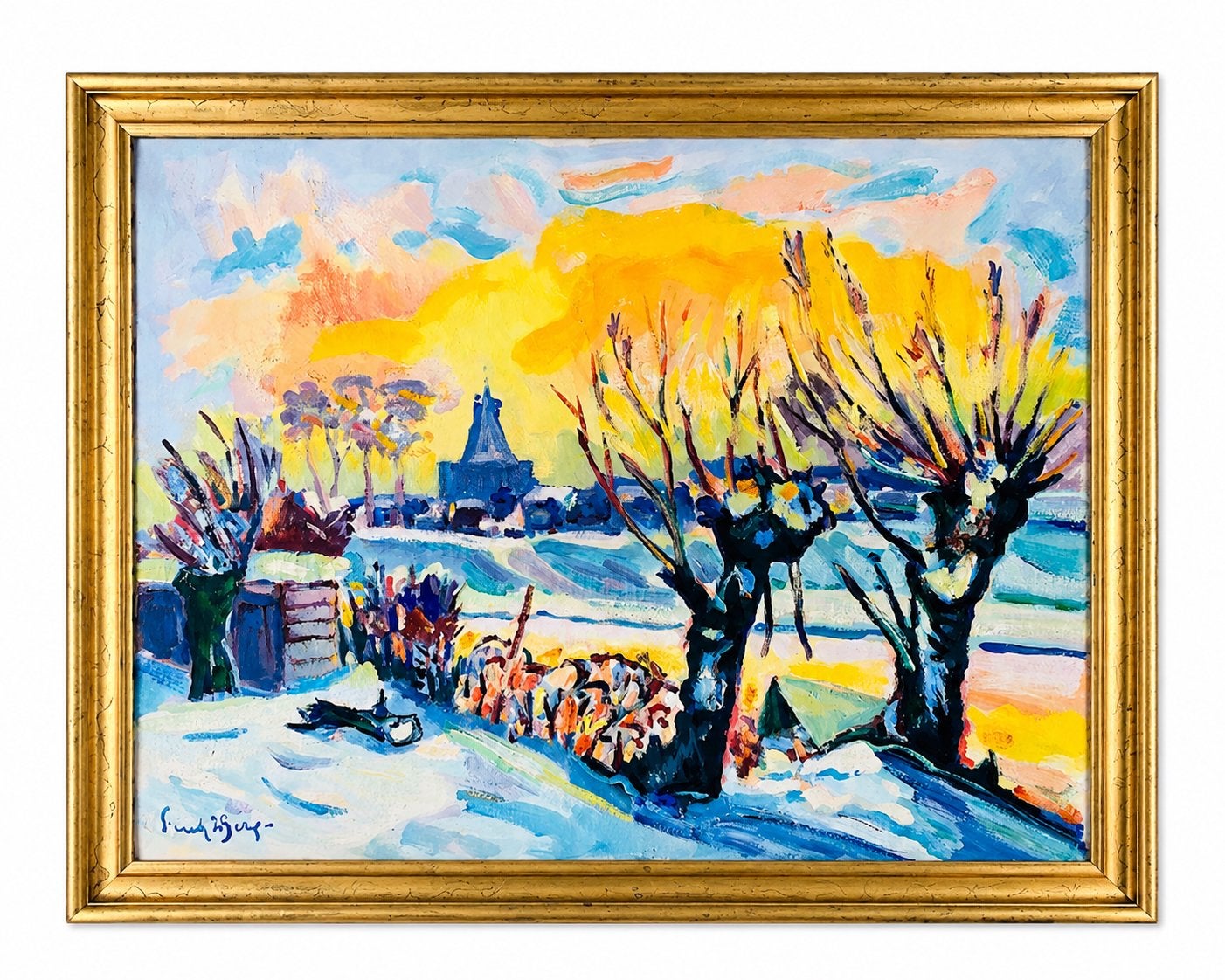 Freek van den Berg – origineel schilderij – Winterlandschap, Enlèvement, Signé