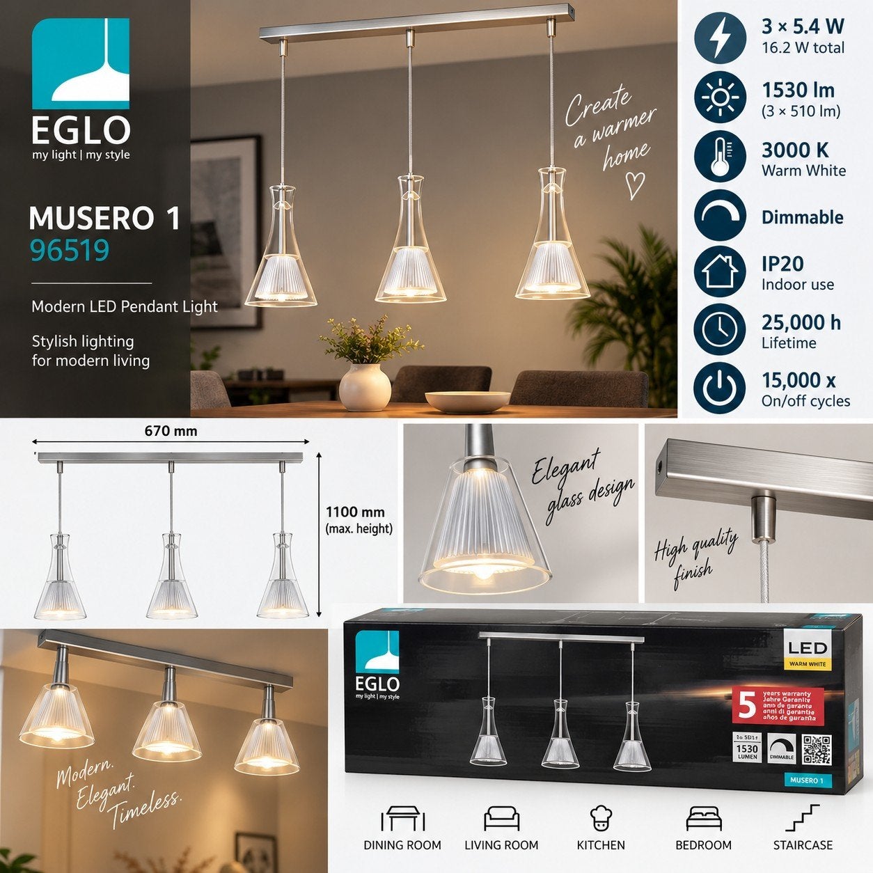 EGLO Musero 1 96519 LED Pendant Light – 3 Lights – Dimmable, Ophalen of Verzenden, EGLO Leuchten GmbH, Heiligkreuz 22, 6136 Pill, Austria.