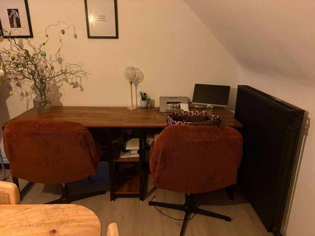 Dubbele bureau, Ophalen, Opbergruimte, Metaal, Bruin