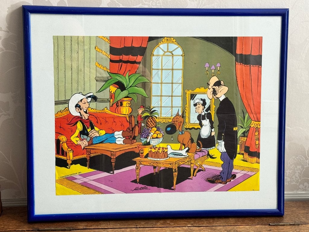 Originele Lucky Luke Poster in Blauwe Kader ( 1983), Verzamelen, Stripfiguren, Ophalen of Verzenden, Overige figuren, Gebruikt