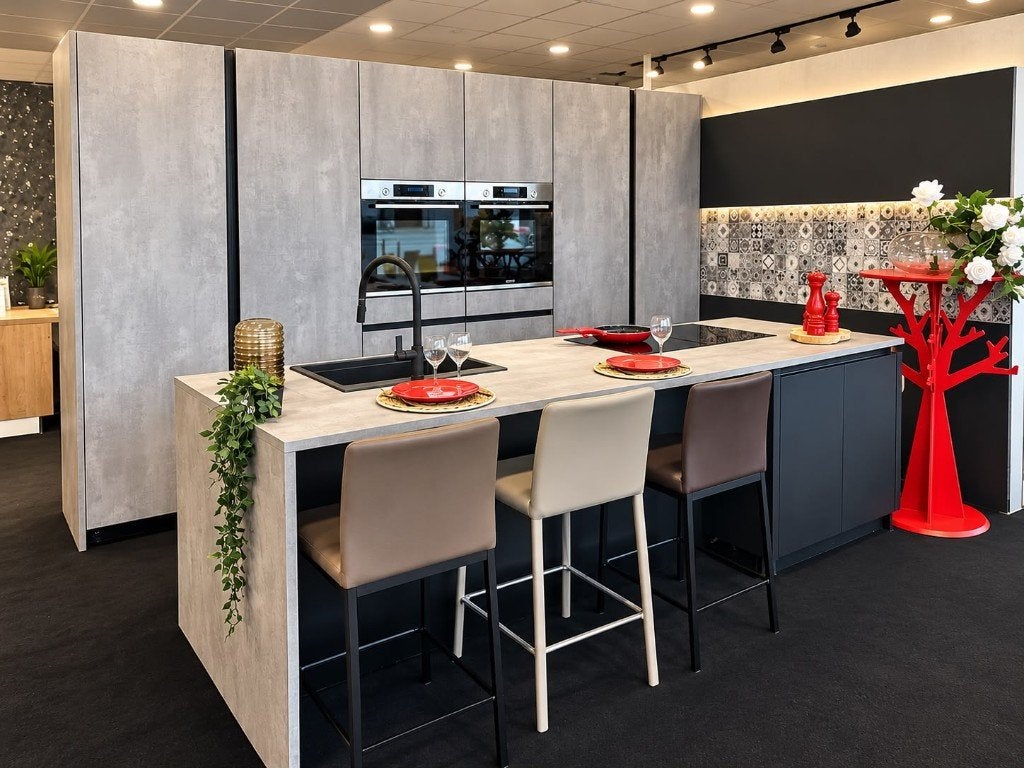 CUISINE SUR MESURE GRIS BETON ilot avec gorge led, Neuf, Gris, Sans poignée, Enlèvement