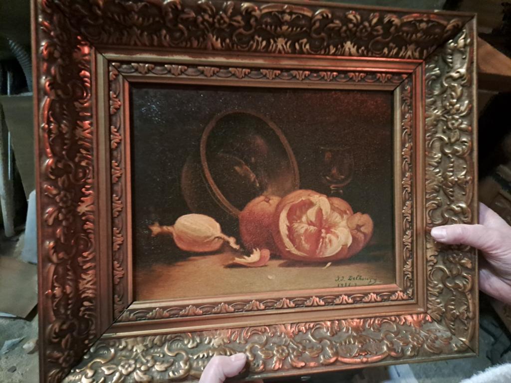Tableau ancien signé 1918 + superbe cadre ancien décoré, Enlèvement