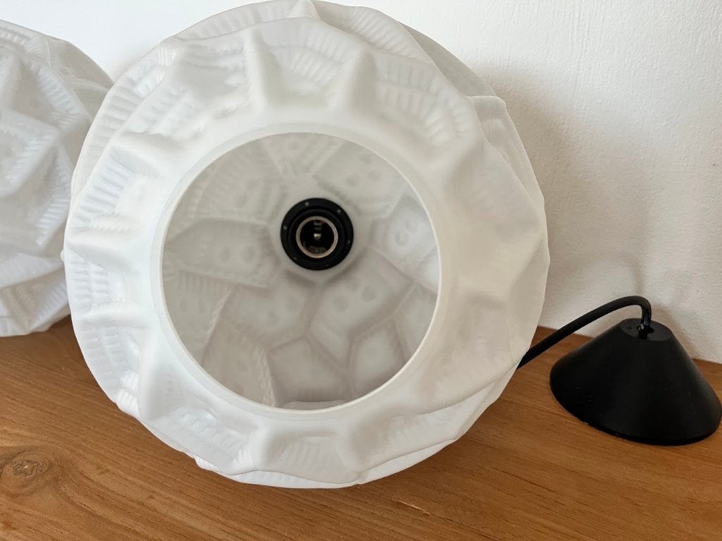 Melkglas Hanglamp Met Reliëfpatroon Vintage, Ophalen, Gebruikt, Glas, E27 (groot)