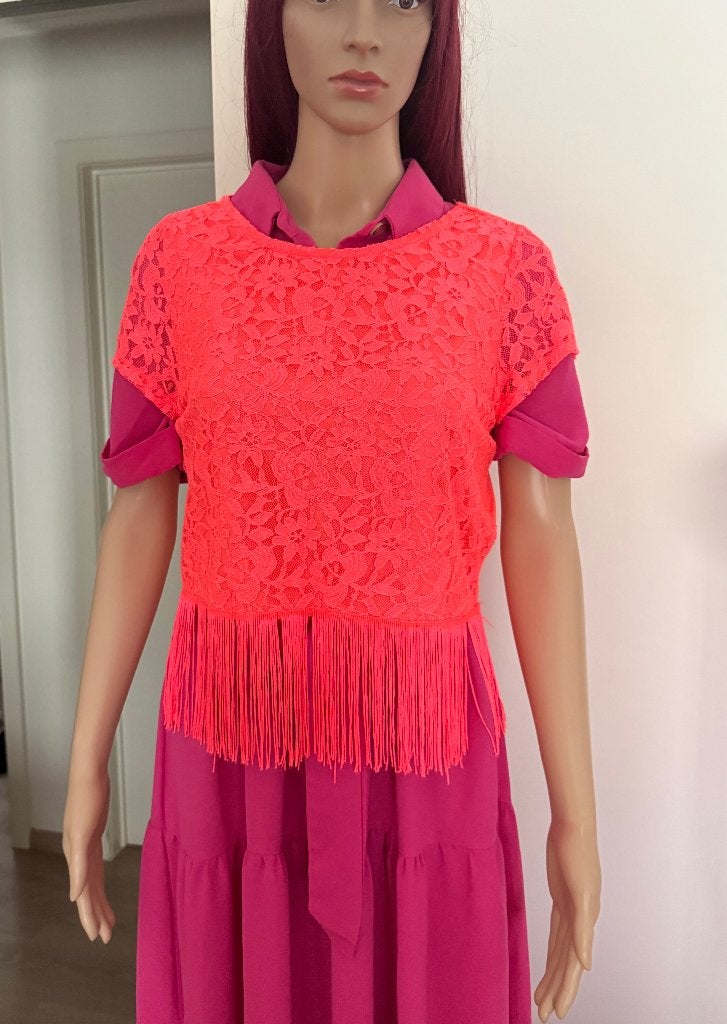T-shirt à franges en dentelle/haut de festival (S/M), Vêtements | Femmes, Rouge, Manches courtes, Enlèvement ou Envoi, Taille 36 (S)