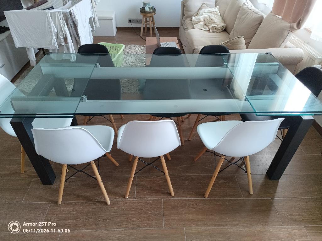 Table en verre extensible 8 à 10 personnes + 8 chaises, Maison & Meubles, Salles à manger complètes, Utilisé, 6 à 8 chaises, Enlèvement