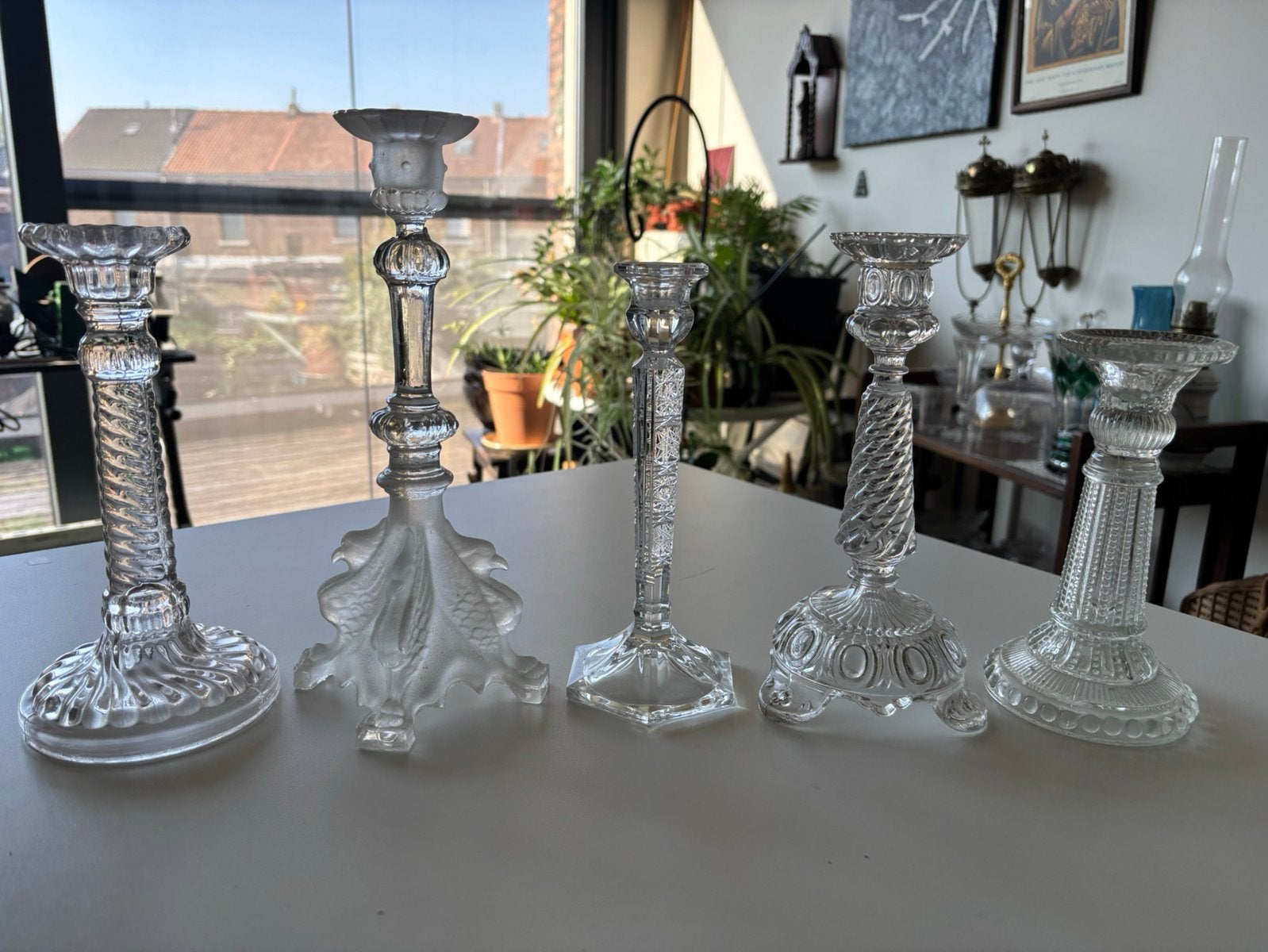 5 antieke glazen kandelaars samen voor 60€, Ophalen