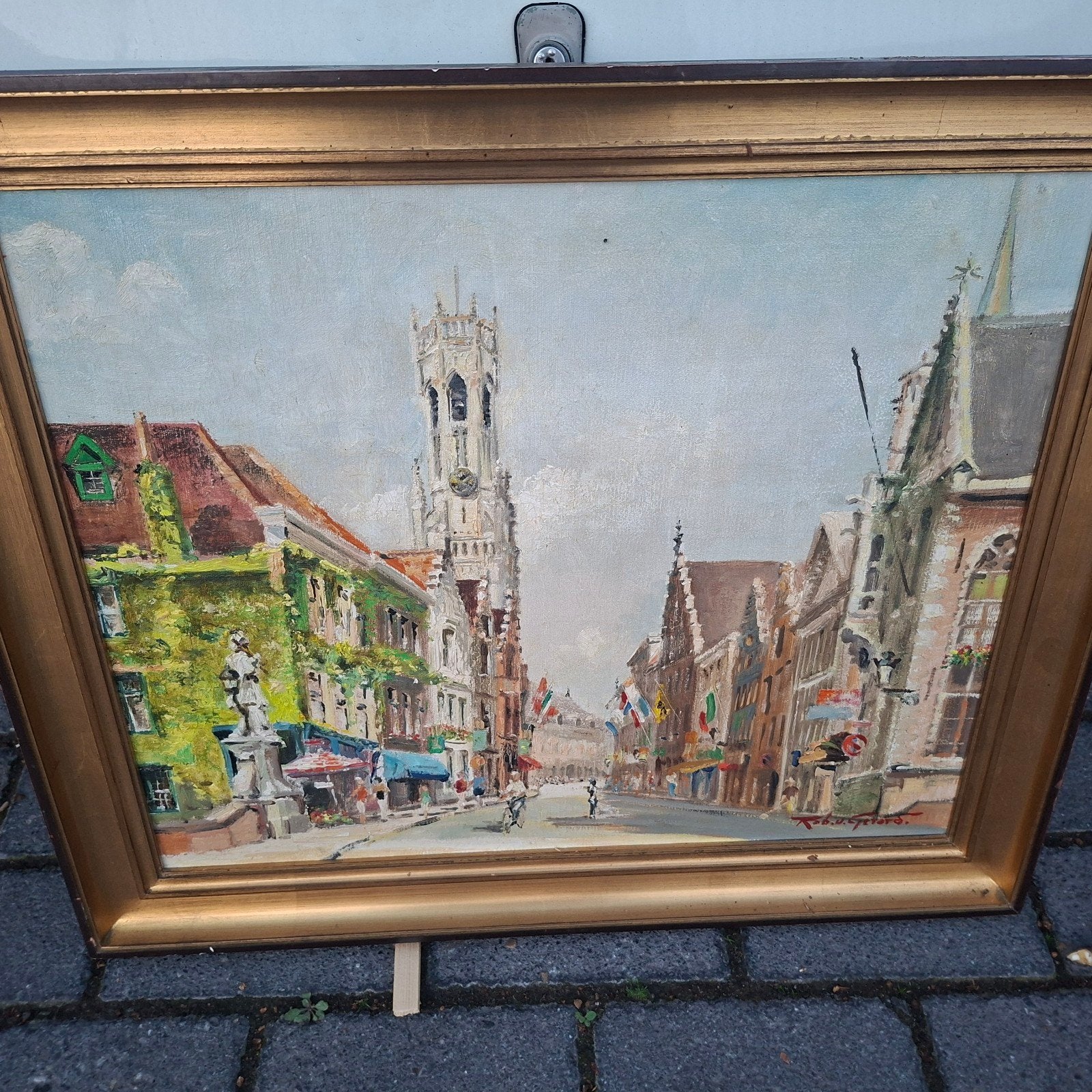 Brugge met personages, Antiek en Kunst, Doek, Ophalen of Verzenden, Olieverf, Stads- / dorpsgezicht