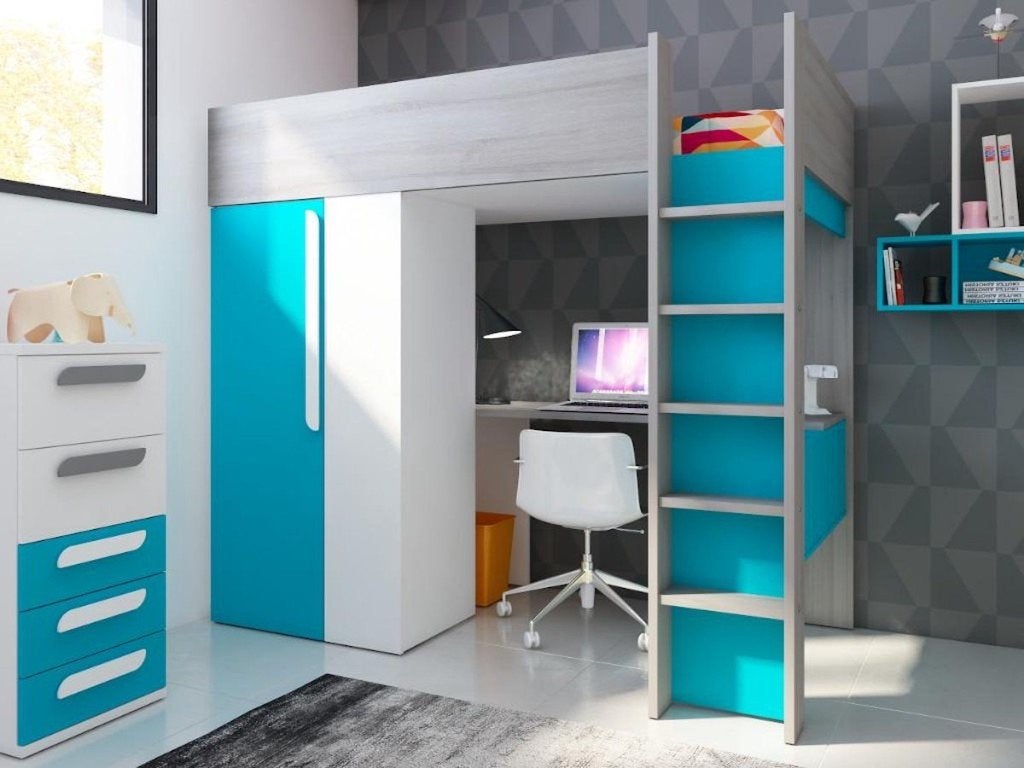 Lit mezzanine avec bureau et armoire violet/blanc/gris, Enfants & Bébés, Chambre d'enfant | Lits superposés & Lits mezzanines
