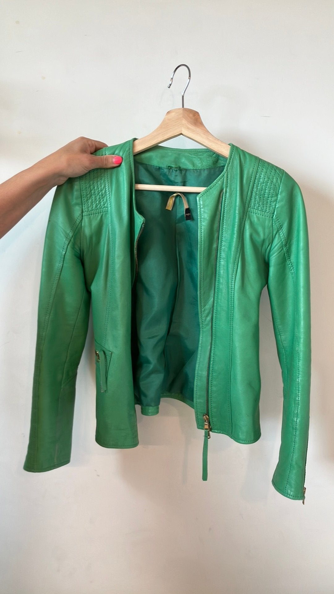 Groen leren jasje, Kleding | Dames, Ophalen of Verzenden, Jasje, Maat 36 (S), Gedragen
