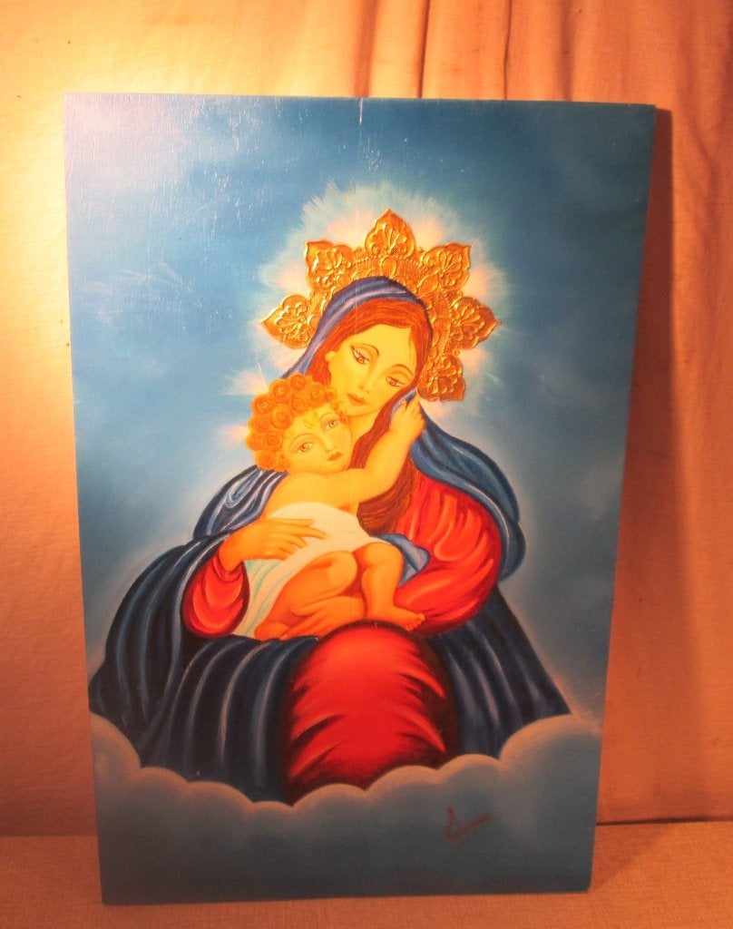 Œuvre peinte « La Vierge Marie et Jésus » - Adriana, Enlèvement ou Envoi, Peint à la main, Portrait ou Personnes, Panneau