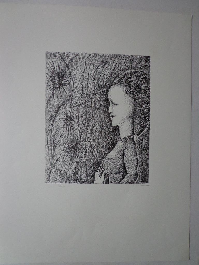 surrealistische litho Armand Simon met vreemde vrouw 1976, Enlèvement ou Envoi