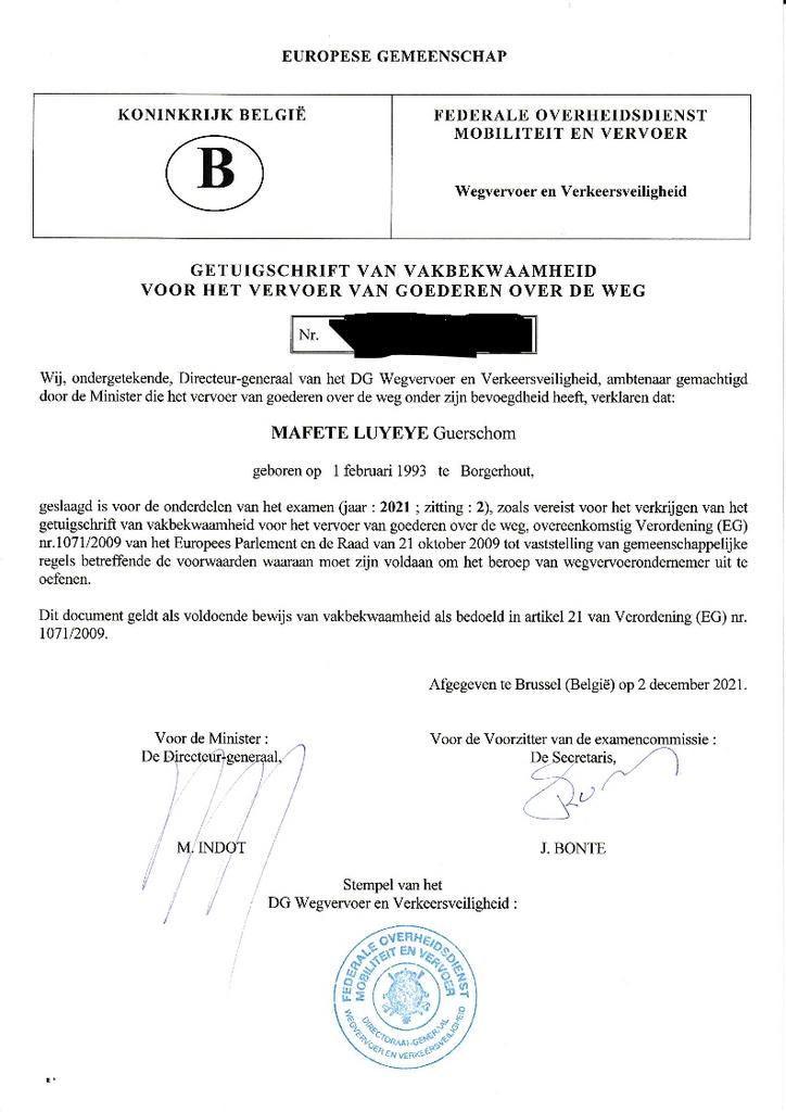 Vervoersvergunning te huur voor €300per maand