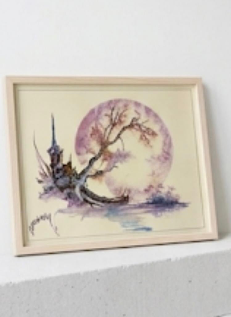 Illustration Encadrée Lune Roseen Fleurs - Déco Bohème., Enlèvement ou Envoi, Comme neuf