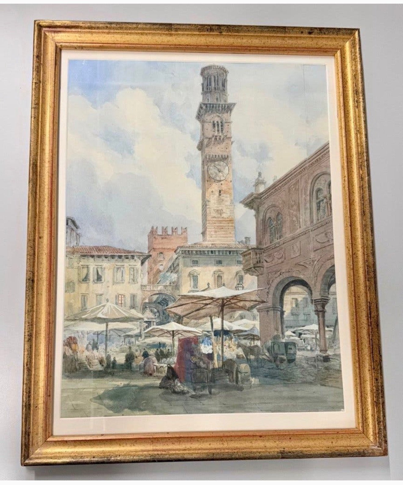 Antiek Louis Laurent Raze 1805-1873 Piazza delle Erbe italy, Handgeschilderd, Ophalen of Verzenden, Aquarel, Papier