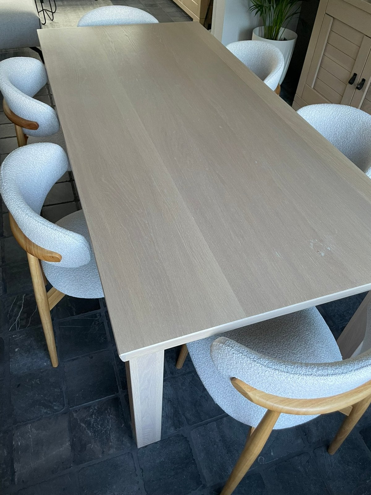 Eiken eettafel white wash  215x100, Huis en Inrichting, Ophalen, Zo goed als nieuw