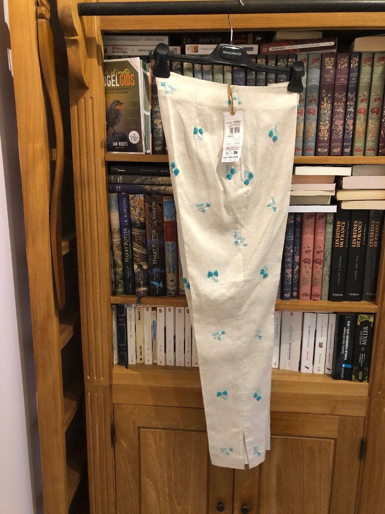 Pantalon Rinascimento écru broderie turquoise, Neuf, Trois-quarts, Taille 38/40 (M), Beige
