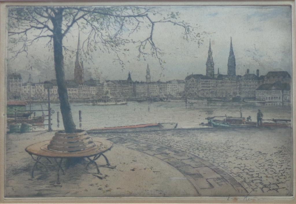 HANS KAUMANN / HAMBURG / KLEURETS / 37x47cm / KADER, Gesigneerd, Ophalen of Verzenden
