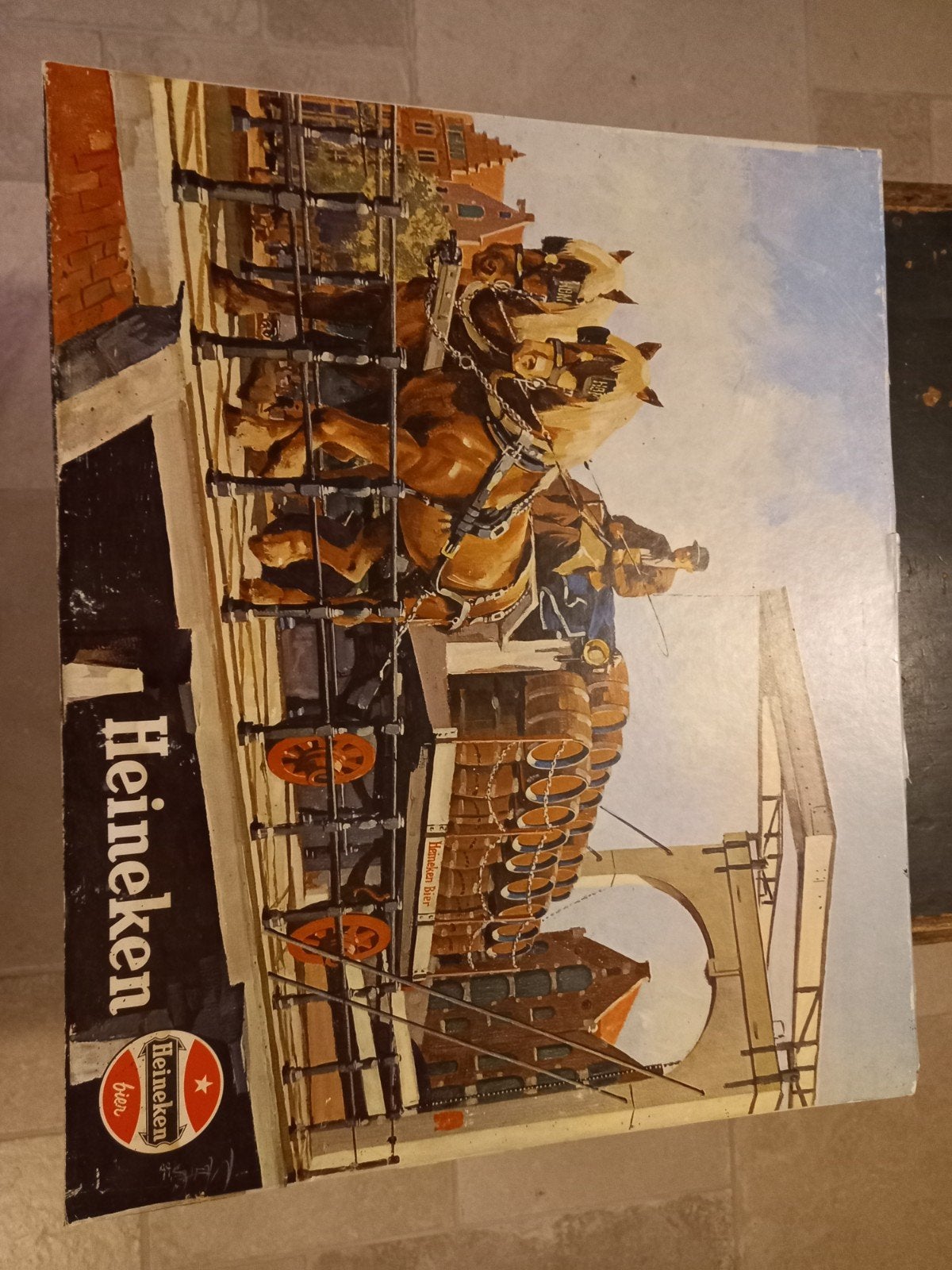 Vintage Heineken reclamebord – paardenwagen – dik karton –, Verzamelen, Ophalen, Reclamebord
