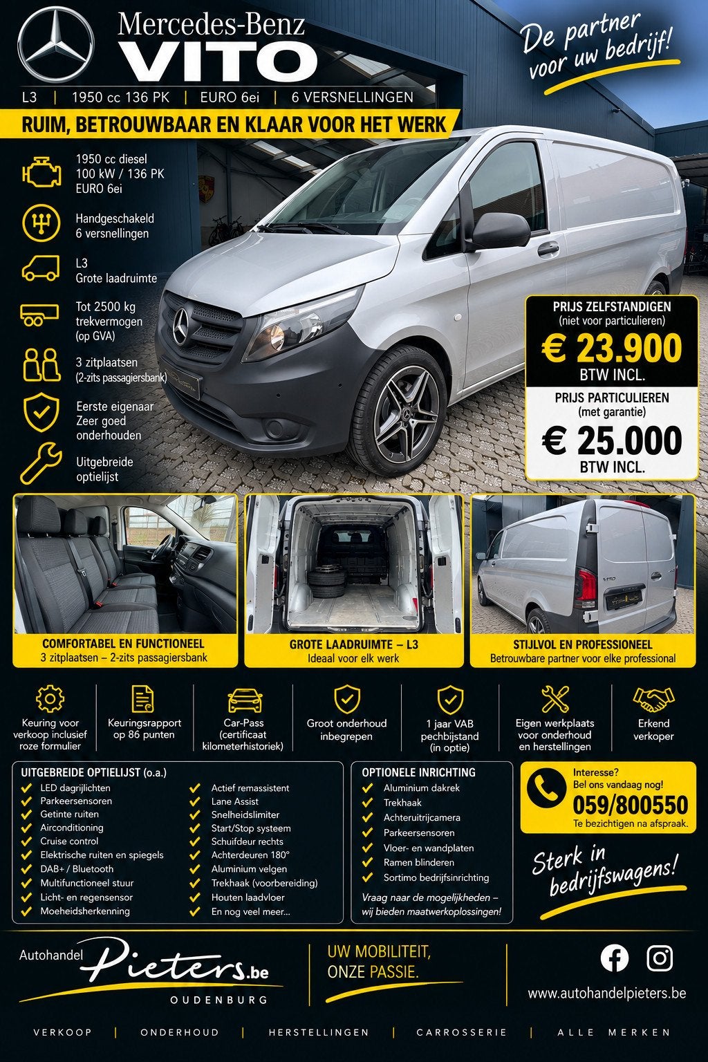 Mercedes-Benz Vito 114 - L3/Navi/camera/alu velgen - 19752, Autos, Mercedes-Benz, 100 kW, Argent ou Gris, Achat, Euro 6