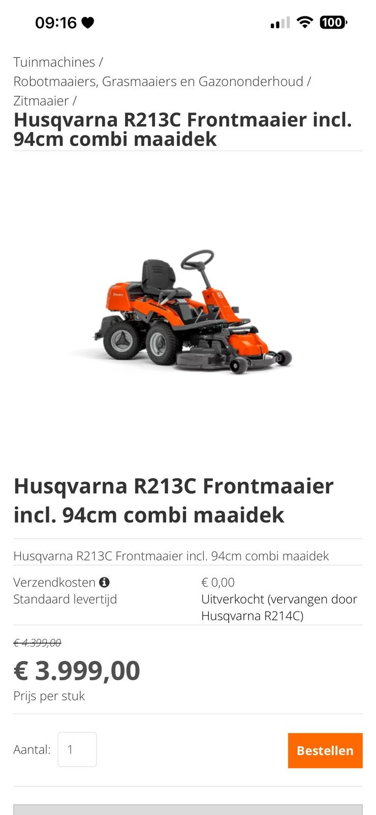 Husqvarna rider R213C, Tuin en Terras, Ophalen, Zo goed als nieuw