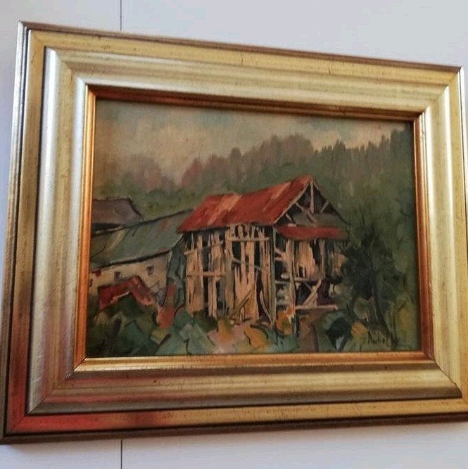 Huile sur toile "Hangar à tabac" signée Jean Dubelloy, Enlèvement