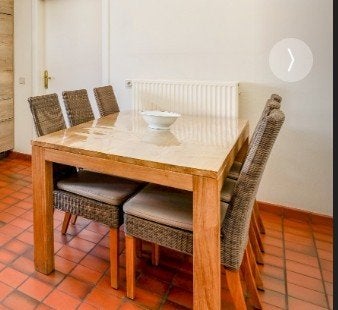 Teak eettafel 180cm met 6 rieten stoelen met kussens, Huis en Inrichting, Ophalen, Gebruikt, Hout, Vijf, Zes of meer stoelen