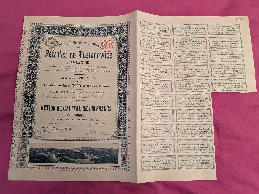 Antiquarisch aandeel olievelden Tustanowice (Galicië) 1909, Postzegels en Munten, Ophalen of Verzenden, Voor 1920, Aandeel