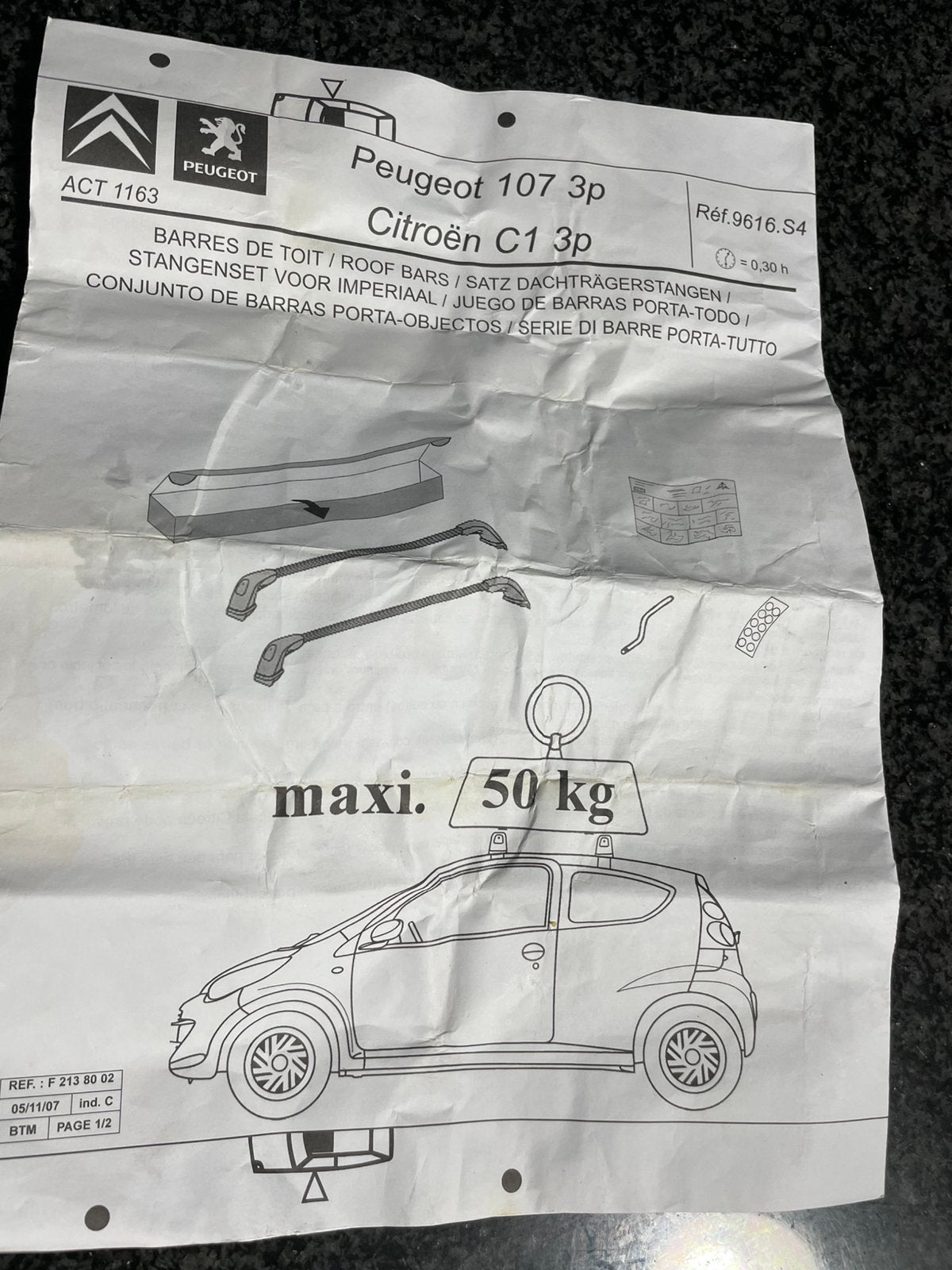 Barre de toit Peugeot 107 ou C1  3 portes, Enlèvement