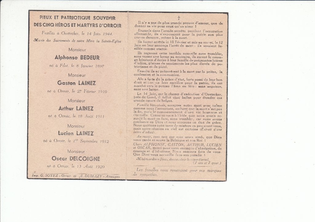 Slachtoffer WO II - Orroir - gefusilleerd Oostakker 1944, Envoi, Image pieuse