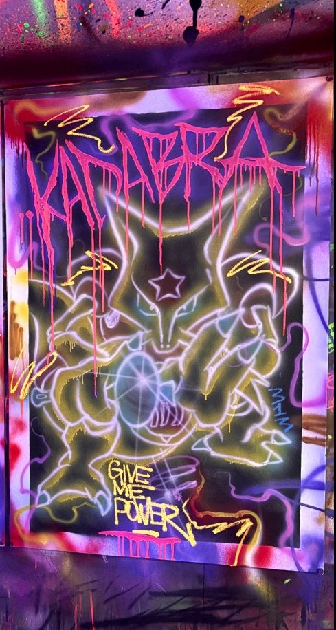 Kadabra, Pokemon, Psychic, Give me power, Neon black edition, Antiquités & Art, Textile, Autres techniques, Enlèvement, Autre sujet