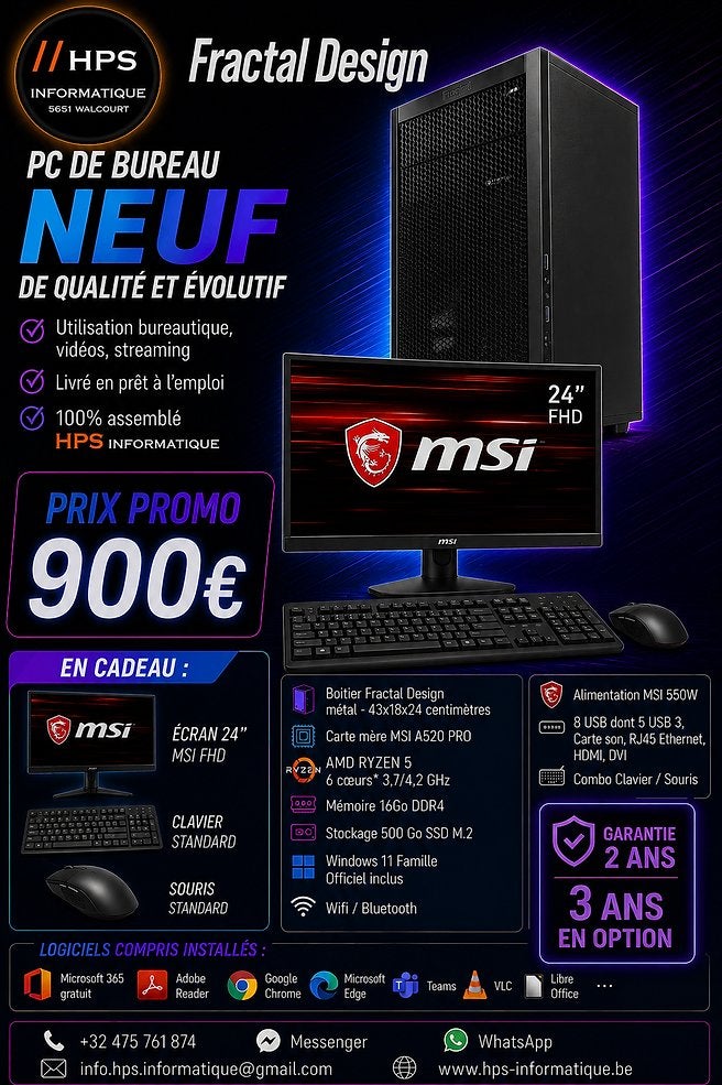 Neuf PC bureau Fractal design Windows 11 +  Ecran 24 FHD, Nieuw, Met videokaart, 3 tot 4 Ghz, 16 GB