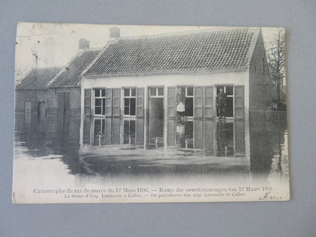 overstromingen Kallo 1906 Pachthoeve van Eug. Leenaerts, Ophalen of Verzenden, Voor 1920, Gelopen, Oost-Vlaanderen