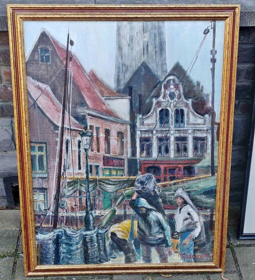 huile sur toile debarquement du bateau signe a godenne, Enlèvement ou Envoi, Toile