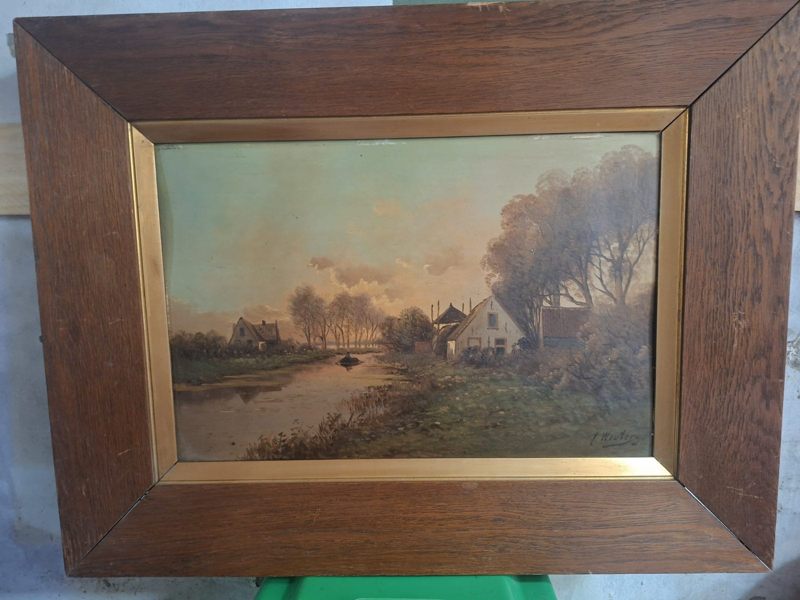 Schilderij langs de waterkant, Antiquités & Art, Art | Peinture | Classique, Enlèvement, Classique, Signé, Paysage urbain / rural