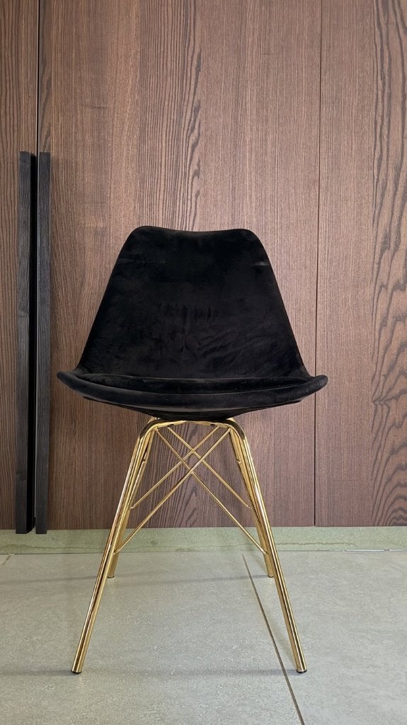 Eames style stoelen zwart velvet met gouden poten - 6 stuks, Ophalen, Gebruikt, Zwart, Vijf, Zes of meer stoelen