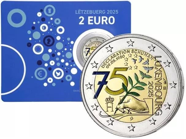2 euros Déclaration Schuman Luxembourg 2025 coloriée en CC, Timbres & Monnaies, Monnaies | Europe | Monnaies euro, Enlèvement ou Envoi