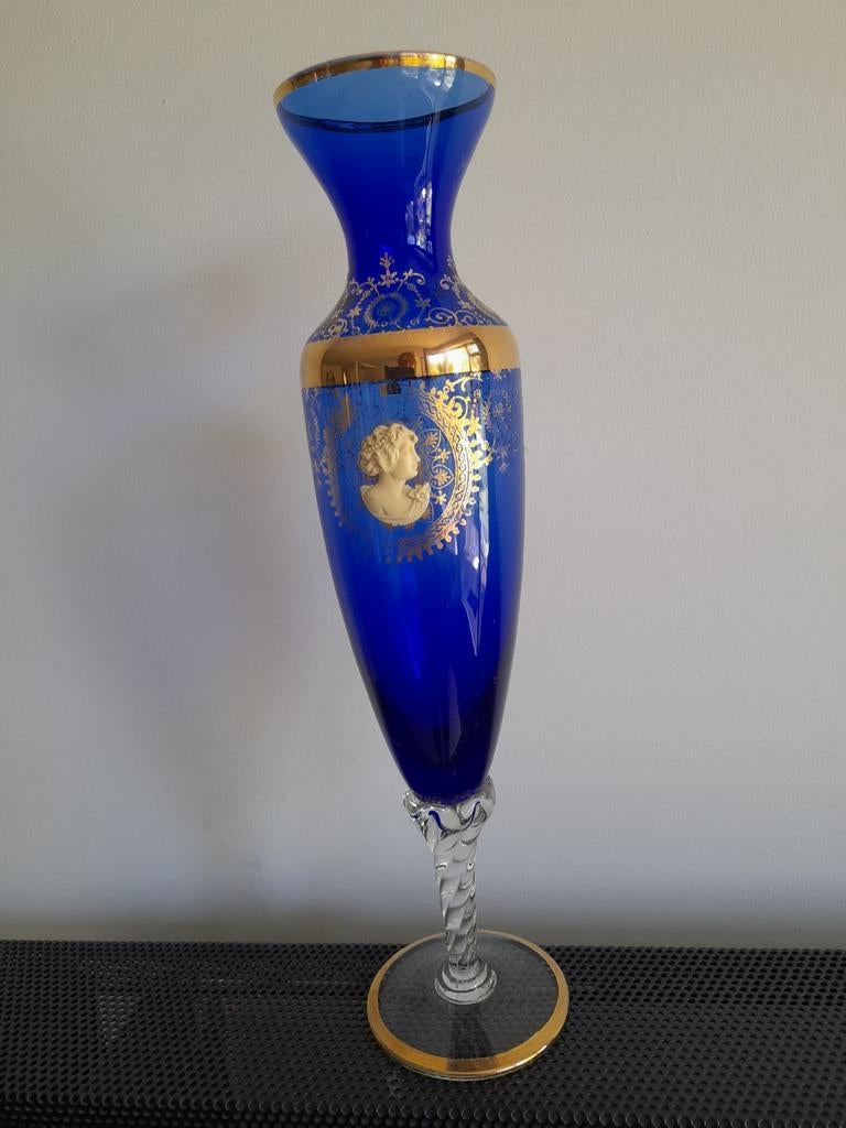 Vaas blauw glas met goud, Ophalen of Verzenden