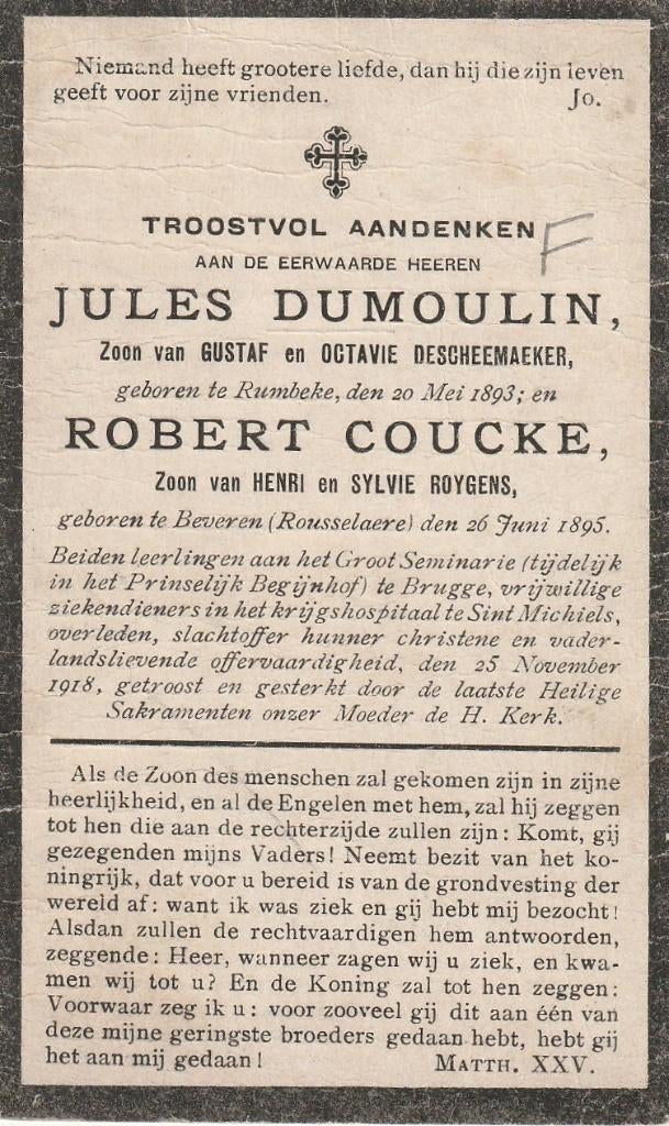 Gesneuvelde 1914-1918 Jules Dumoulin-Robert Coucke, Ophalen of Verzenden
