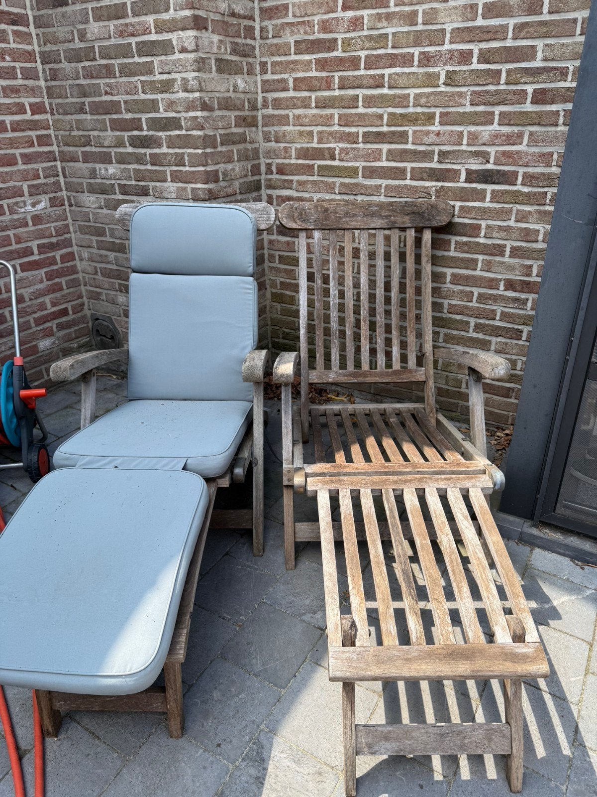 2x teak deckchair / ligstoel, Tuin en Terras, Ligbedden, Ophalen, Gebruikt, Hout, Verstelbaar