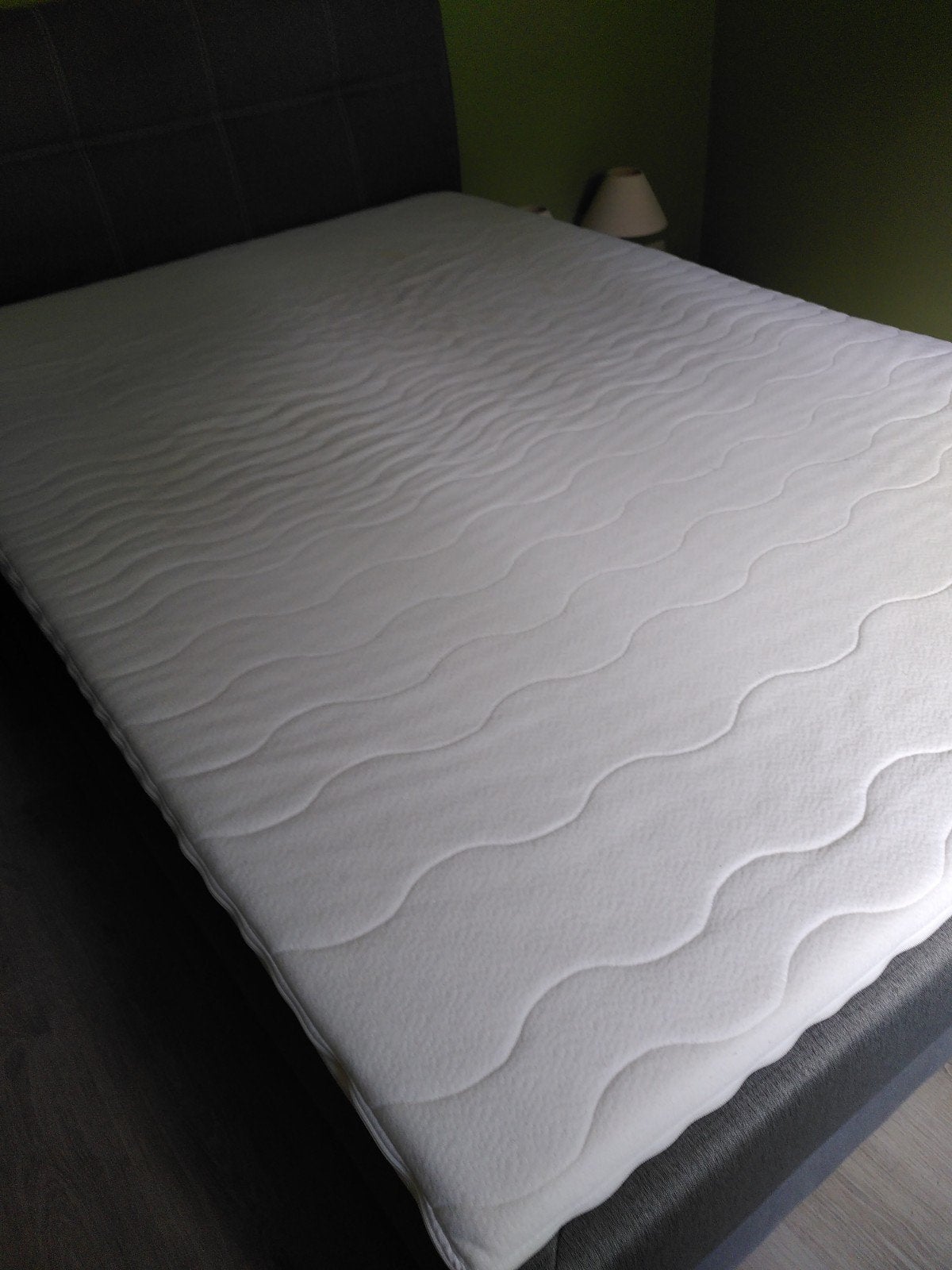 Boxspring: grijze bekleding., Ophalen, Tweepersoons, 210 cm, 140 cm