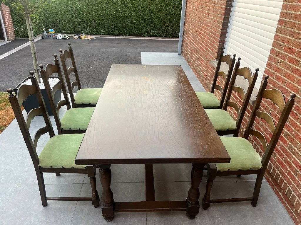 Donkere eiken eettafel met 6 stoelen, Ophalen, Gebruikt, 4 tot 6 stoelen