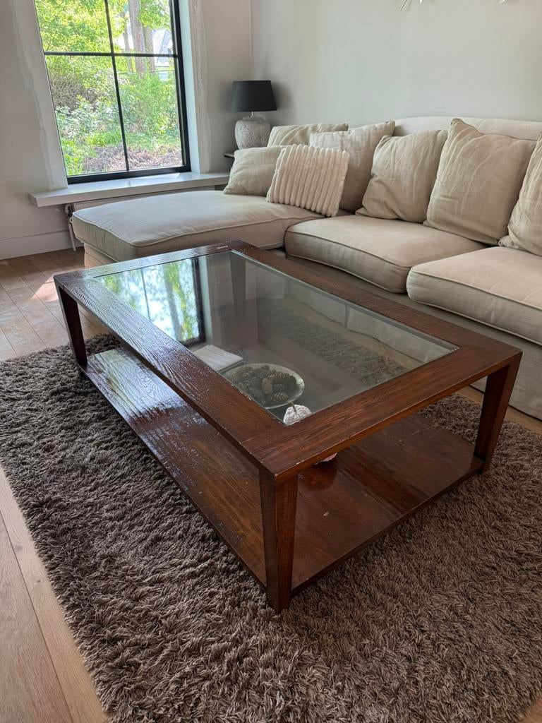 Massief houten salontafel, Huis en Inrichting, Tafels | Salontafels, Ophalen, Zo goed als nieuw, Glas